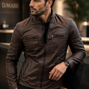 chaqueta de cuero marrón para hombre