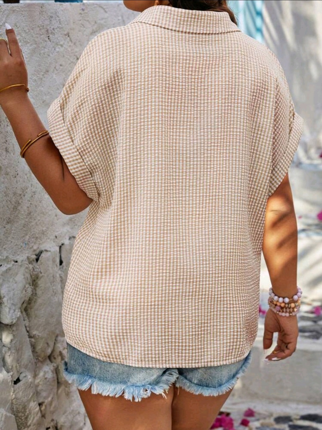 Blusa Femenina Cuadros Beige Oversize - Imagen 3